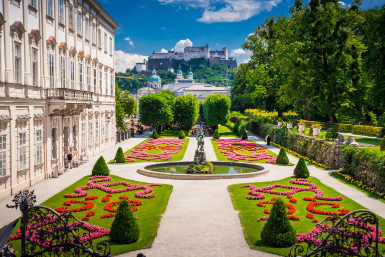 Mirabell Palace and Gardens in Summer, Salzburg castle in background